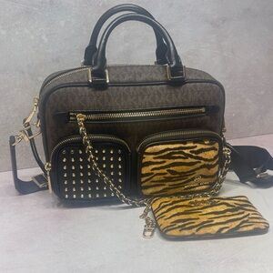 Michael Kors Elliot Brown/Black Logo Crossbody Exotic Animal Print & Wallet